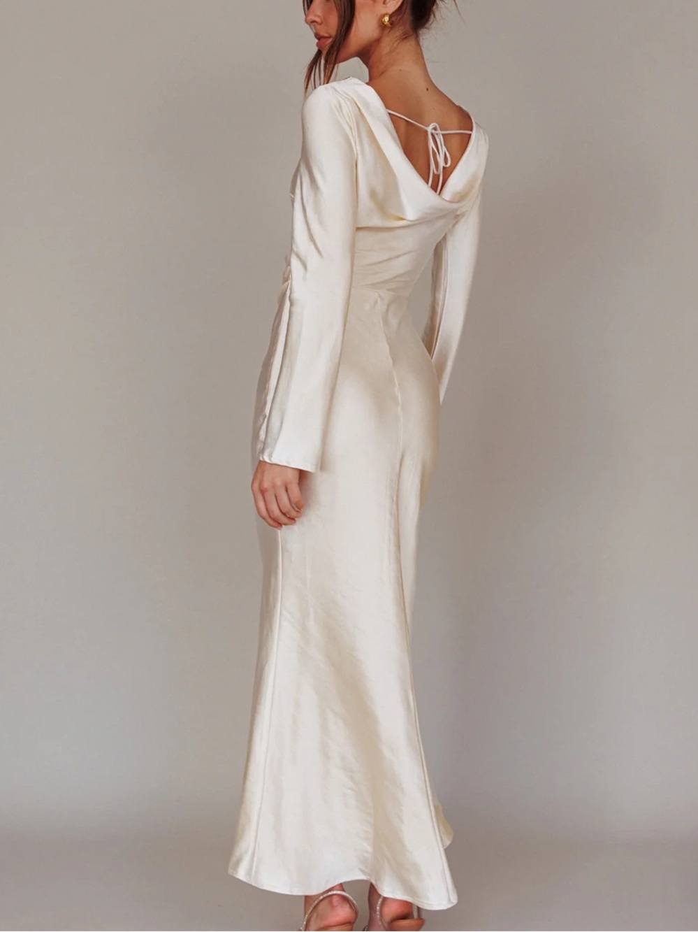 Selfie Leslie Cream Satin Maxi Dress with Draped Back
